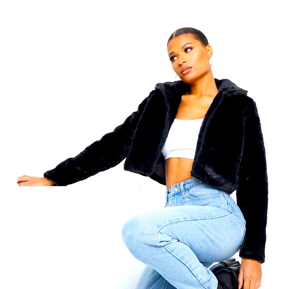 PLT black cropped fur jacket